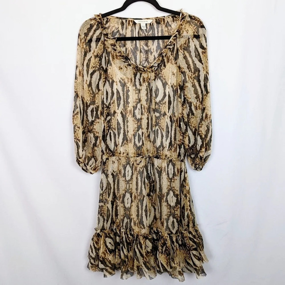 Boston Proper Snakeskin Python Chiffon Ruffled Knee Length Peasant Flowy Dress S - Picture 1 of 10